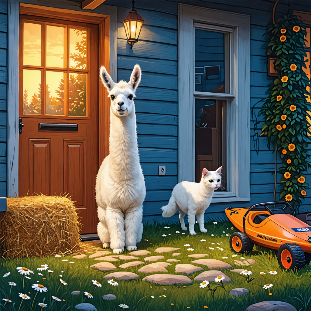 cushion, llama, ghost, cat, lawn mower, daisy, door, kitten, kayak, hay